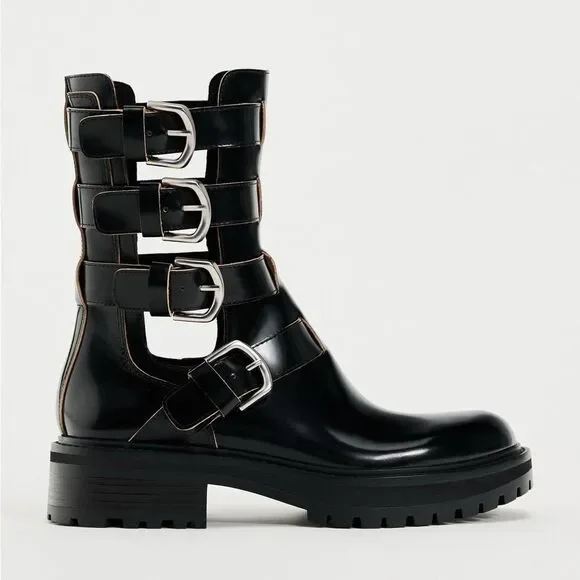 ZARA BUCKLED OPEN DETAIL LEATHER ANKLE BOOTS - Picture 4 of 6